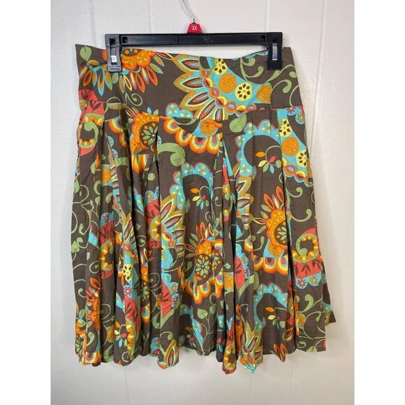 Vintage-Inspired New York & Company Floral Skirt 100% Cotton Size 12 Brown & Mul - Picture 2 of 4